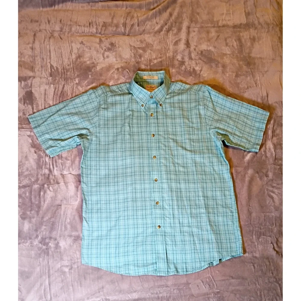 LL Bean Mens Large Short Sleeve Plaid Button Down Shirt Teal Blue Wrinkle Free